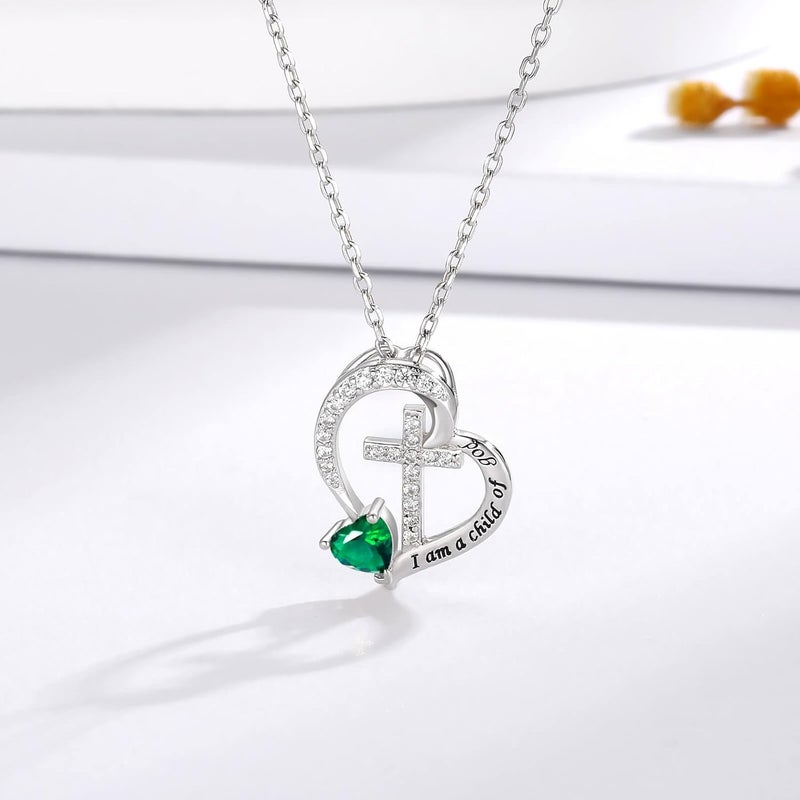 MANBU Sterling Silver Cross Necklace for Girls: Heart Birthstone I am a Child of God Pendant Religious Jewelry Baptism First Communion Confirmation Gifts for Teens - Image 1